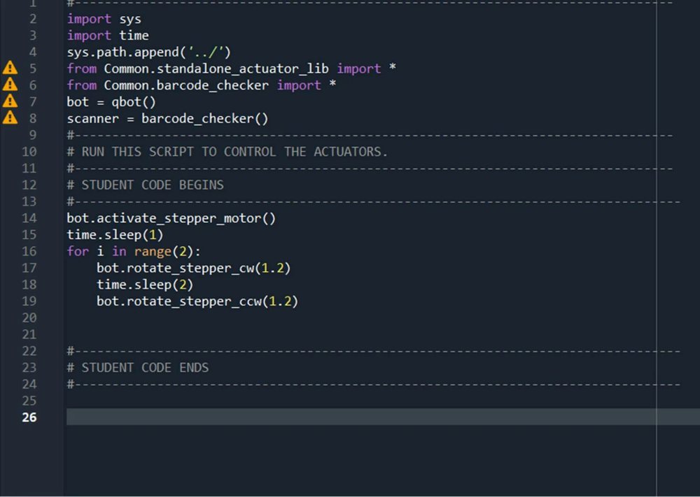 Python code that activates the stepper motor, then twice rotates it clockwise 1.2, waits 2 seconds, and rotates it counterclockwise 1.2.