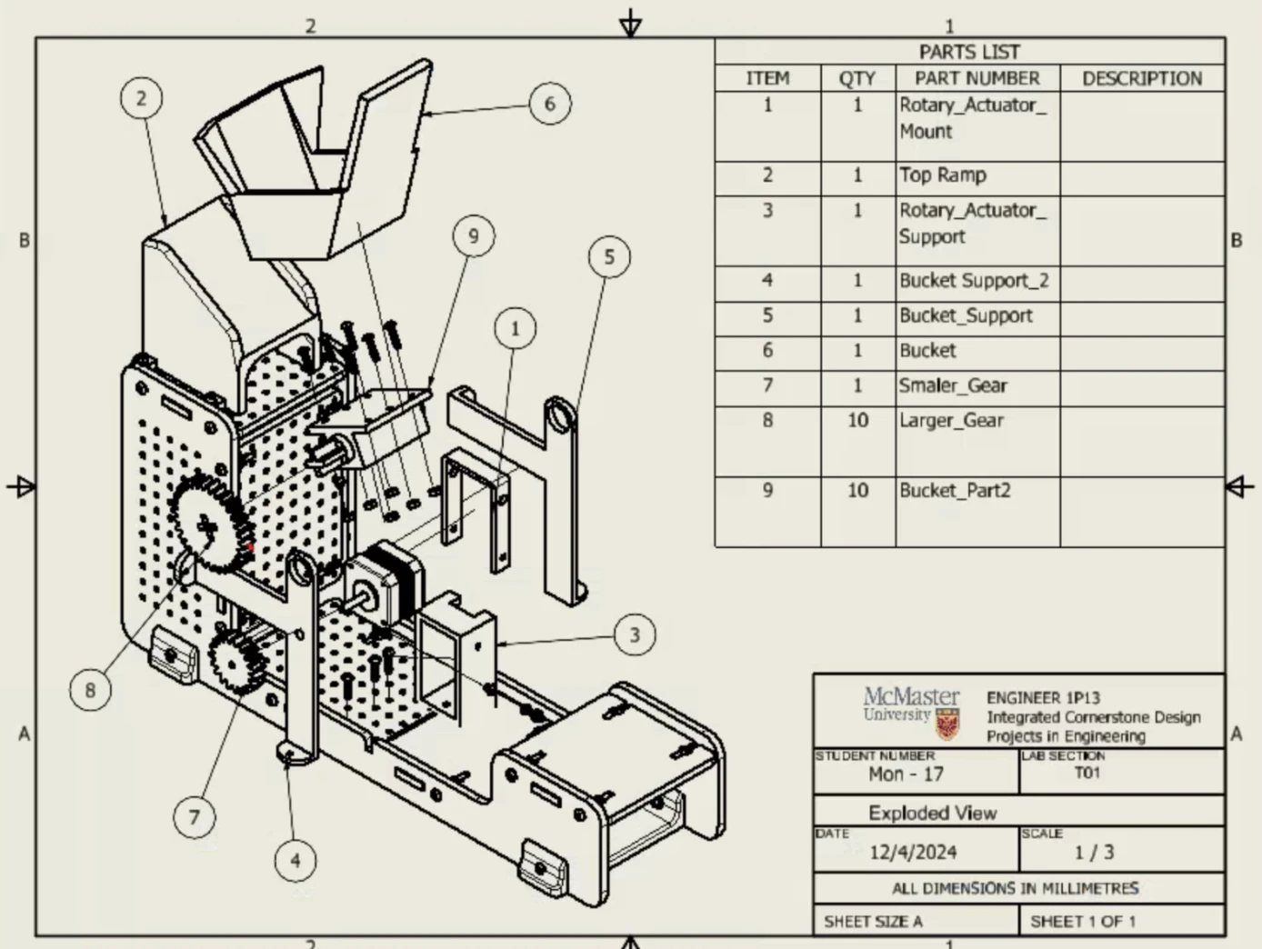 Engineering drawing titled Exploded View, ENGINEER 1P13, dated 12/4/2024, with numbered balloons and a parts list including the rotary actuator mount and support, top ramp, bucket supports, bucket and gears.
